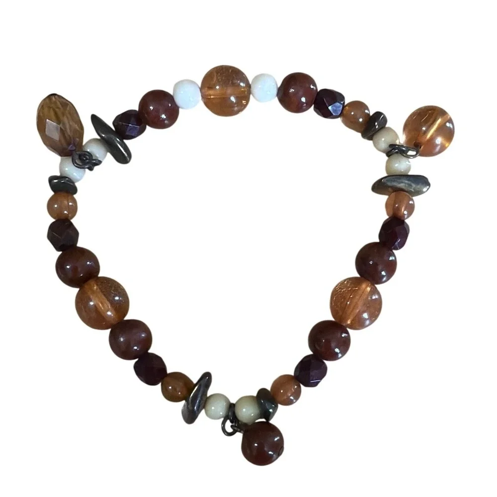 Earth Tone Beaded Stretch Bracelet Amber Brown Boho Charms Neutral Earthy
